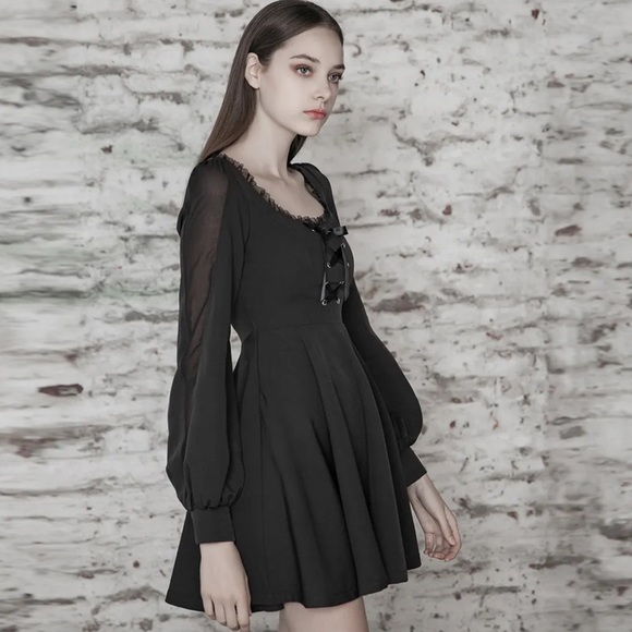 Punk Rave NEW Sexy Goth Long Sleeve Lace-Up A-Line Dress Black Square Neck Small - Picture 4 of 16